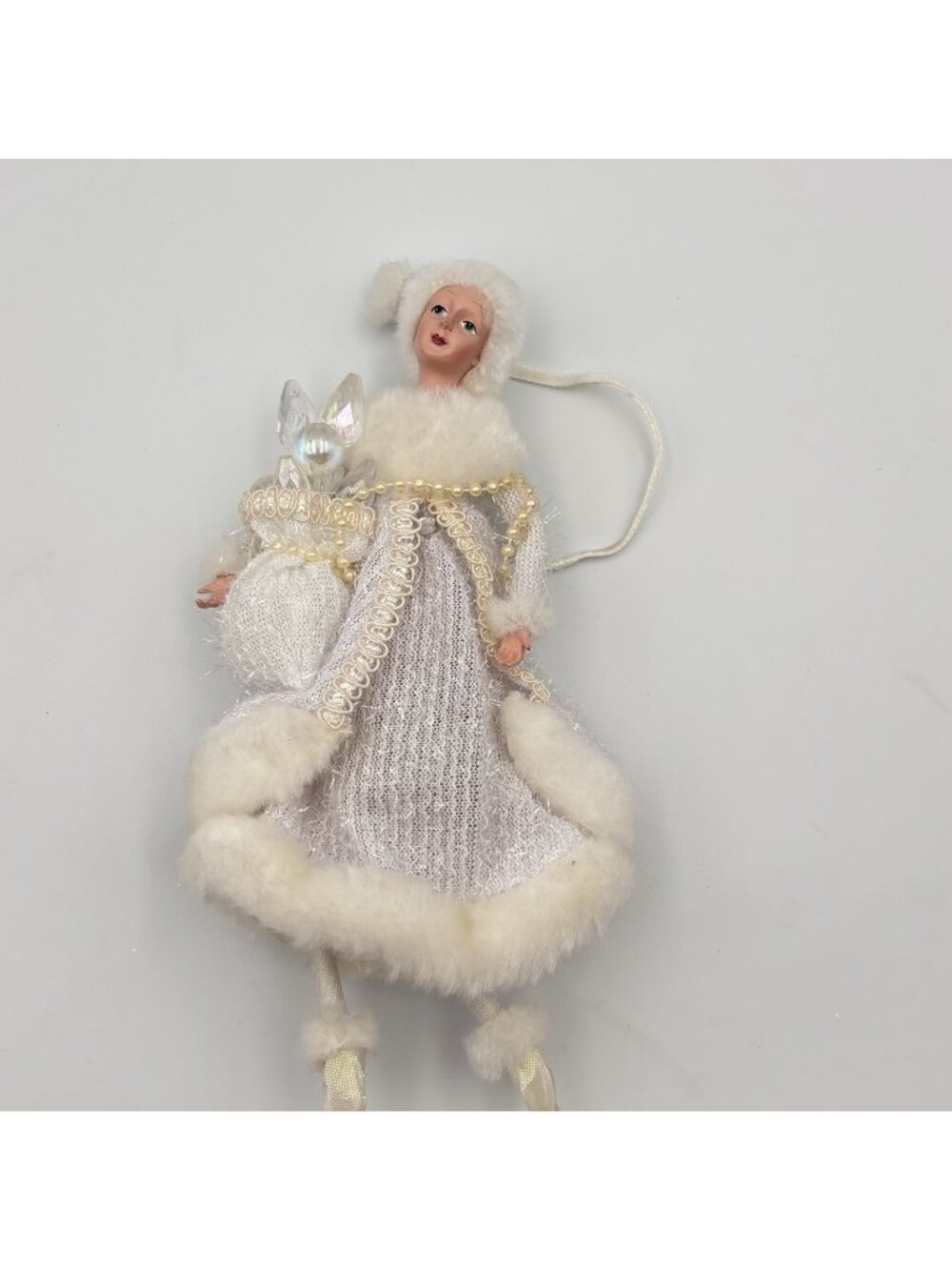 Victorian Lady Christmas Ornament Silver White Beaded dress Fur Collar Bag 7”